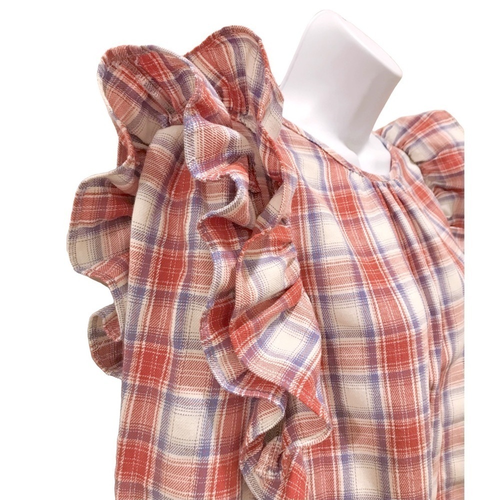 WOMENS PLAID RUFFLE BLOUSE, WOMENS SZ M?, RED, BLUE, WHITE